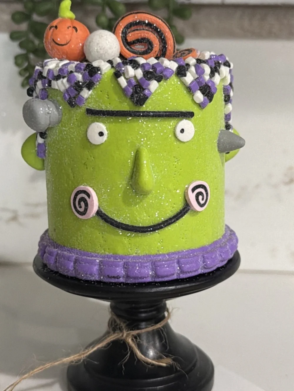 Halloween Candy Corn Lane Glittered Mini FRANKENSTEIN Cake on Stand 6